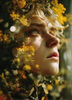 Captivating portrait of a young woman surrounded by flowers studio setting artistic expression close-up view photo