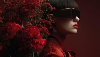 Fashion event model with red flowers studio fashion photography dramatic lighting close-up bold aesthetics photo