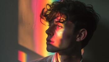 Captivating portrait of a young man bathed in colorful light studio setting artistic expression side view photo