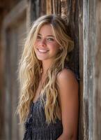 Smiling young woman posing in rustic setting outdoor portrait natural light casual atmosphere photo