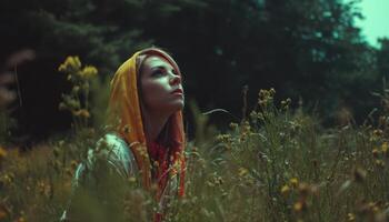 Inspiring moment of contemplation forest clearing portrait photography natural setting low angle self-discovery photo