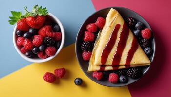 Delicious berry topped pancakes kitchen food photography colorful setting close-up culinary delight photo