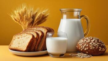 Delicious bread and milk breakfast scene kitchen table food photography cozy environment top view healthy lifestyle photo