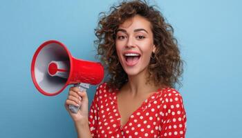 Empowering announcement young woman with megaphone studio portrait cheerful call to action photo