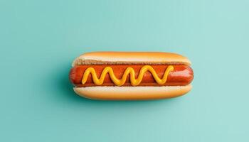 Delicious hot dog with mustard simple background food photography vibrant colors top view culinary delight photo