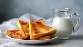 Delicious toast and fresh milk breakfast cozy kitchen food photography soft lighting comforting concept photo