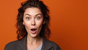 Exciting surprise reaction from young woman studio portrait photography warm colors close-up emotional expression photo