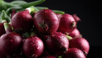 Harvesting fresh red onions kitchen table food photography dark background close-up culinary art photo