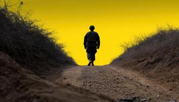 Soldier walking on dusty path during sunset rural landscape inspirational scene peaceful mood photo