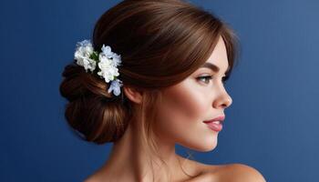 Elegant portrait of a woman with floral hair accessories studio setting photography soft lighting profile view photo