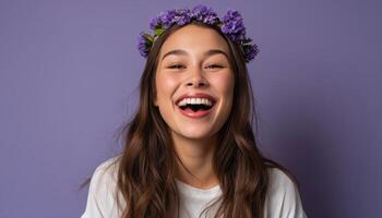 Joyful smiling woman with flower crown studio portrait fun mood close-up positive vibes photo