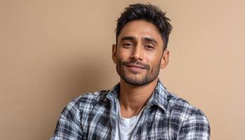Smiling young man indoor studio portrait photography neutral background close-up confidence photo