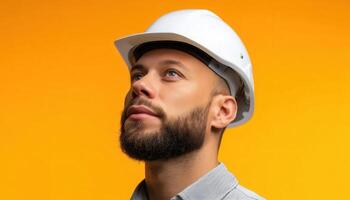 Construction worker evaluating safety measures urban environment portrait professional setting optimistic outlook photo