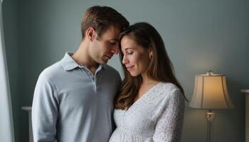 Emotional moment for expecting parents cozy home lifestyle photography intimate setting close-up view anticipation photo