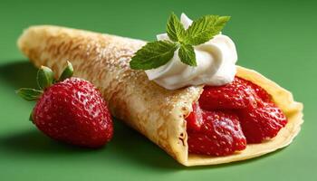 Delicious strawberry crepes kitchen food photography bright green background close-up culinary delight photo