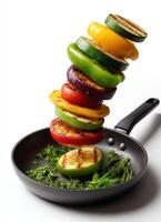 Grilled vegetable stacking action kitchen food photography white background close-up culinary creativity photo