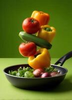 Vibrant vegetables flying into frying pan kitchen food photography studio aerial view culinary art photo