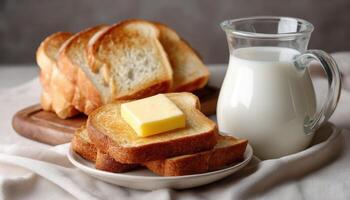Delicious toast with butter and fresh milk kitchen setting food photography cozy environment photo