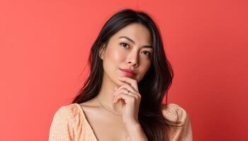 Contemplative portrait of a woman against a vibrant coral background in a studio setting photo