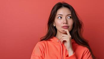 Contemplative young woman studio portrait photography red background close-up reflection photo
