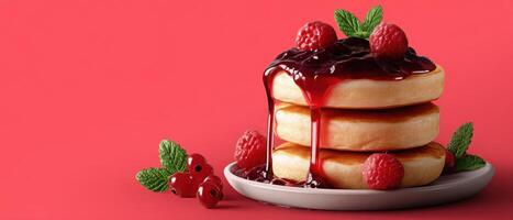 Delicious pancakes with raspberry sauce kitchen food photography bright colors close-up culinary delight photo