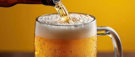 Pouring golden beer into frosty mug home bar food photography warm atmosphere close-up shot photo