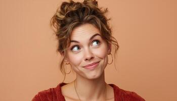 Cheerful young woman with playful expression studio setting portrait photography soft color background photo