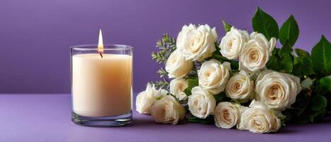 Elegant white roses and candle decoration romantic setting floral arrangement soft lighting calm atmosphere photo