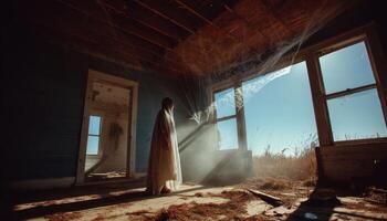 Eerie encounter in an abandoned house rural setting atmospheric photography daylight mysterious aura photo