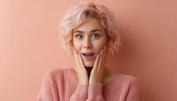 Surprised young woman indoor setting portrait photography soft colors front view joyful expression photo