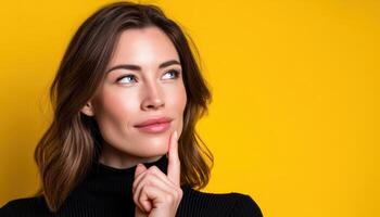 Thoughtful woman pondering ideas studio setting portrait photography bright yellow background photo