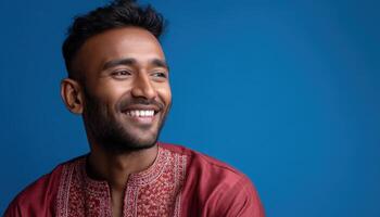 Joyful portrait of a smiling man in traditional attire against a vibrant blue background photo