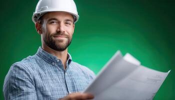 Construction planning meeting engineer in hard hat reviewing blueprints indoor professional environment photo