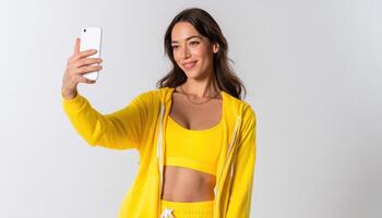 Selfie moment young woman in yellow outfit studio setting lifestyle photography bright environment close-up view photo