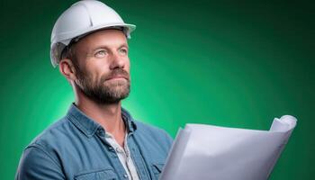 Construction supervisor analyzing blueprints office setting professional portrait focused environment photo