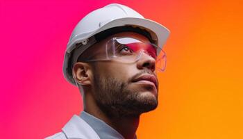 Construction professional in safety gear urban setting portrait photography colorful background focused perspective photo
