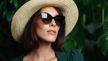 Elegant woman in sunglasses poses amid lush greenery fashion photography outdoor environment photo