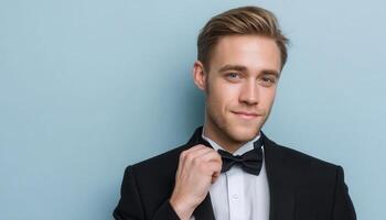 Elegant male model in tuxedo photo studio portrait professional close-up fashion