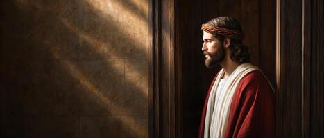 Reflective moment of a biblical figure in a dimly lit room spiritual imagery contemplative atmosphere photo