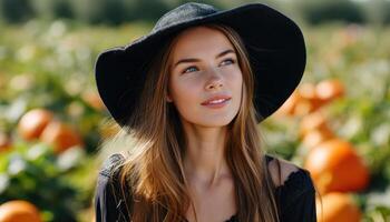 Woman in black hat smiling in pumpkin patch autumn vibes outdoor portrait natural setting photo