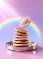 Delicious pink pancakes stacked high with rainbow background whimsical food photography photo