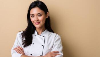 Culinary skills showcase by professional chef kitchen studio portrait photography warm atmosphere confident viewpoint photo