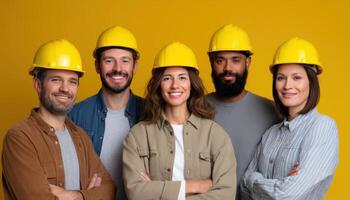 Team of construction workers smiling together studio setting professional portrait yellow background photo
