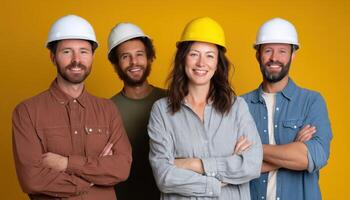 Construction team collaboration studio group photo bright yellow background professional portrait teamwork spirit