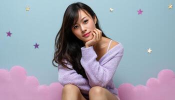 Relaxed female portrait in soft pastel setting indoor studio fashion photography calm atmosphere close-up view photo