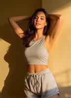 Woman posing elegantly in natural light indoor setting photography stylish atmosphere portrait view beauty photo