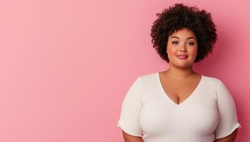 Empowering self-love confident woman posing against pink background lifestyle photoshoot studio environment photo