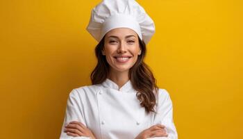 Chef smiling in white uniform bright yellow background portrait studio professionalism photo