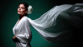 Elegant woman in flowing white fabric studio setting fashion photography dramatic lighting photo