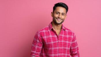 Smiling portrait of a young man in a pink shirt studio setting lifestyle photography photo